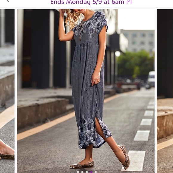 BNWT Navy & White Geometric Boatneck Slit-Side Empire-Waist Maxi Dress 24W 4X - Picture 4 of 7